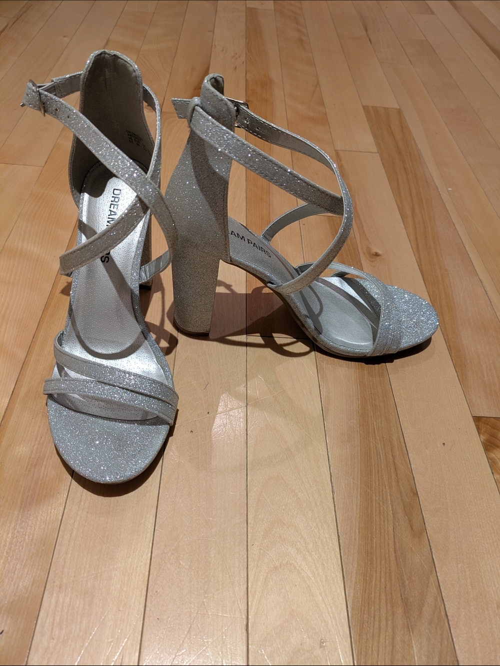 Dream Pairs Silver Glitter Crisscross Block Heel Sandals, 8.5